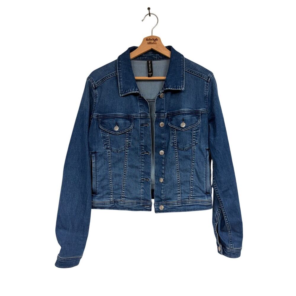Athleta Detour Denim Jacket Mid Wash Blue SZ SMALL Cropped Jean Jacket EUC